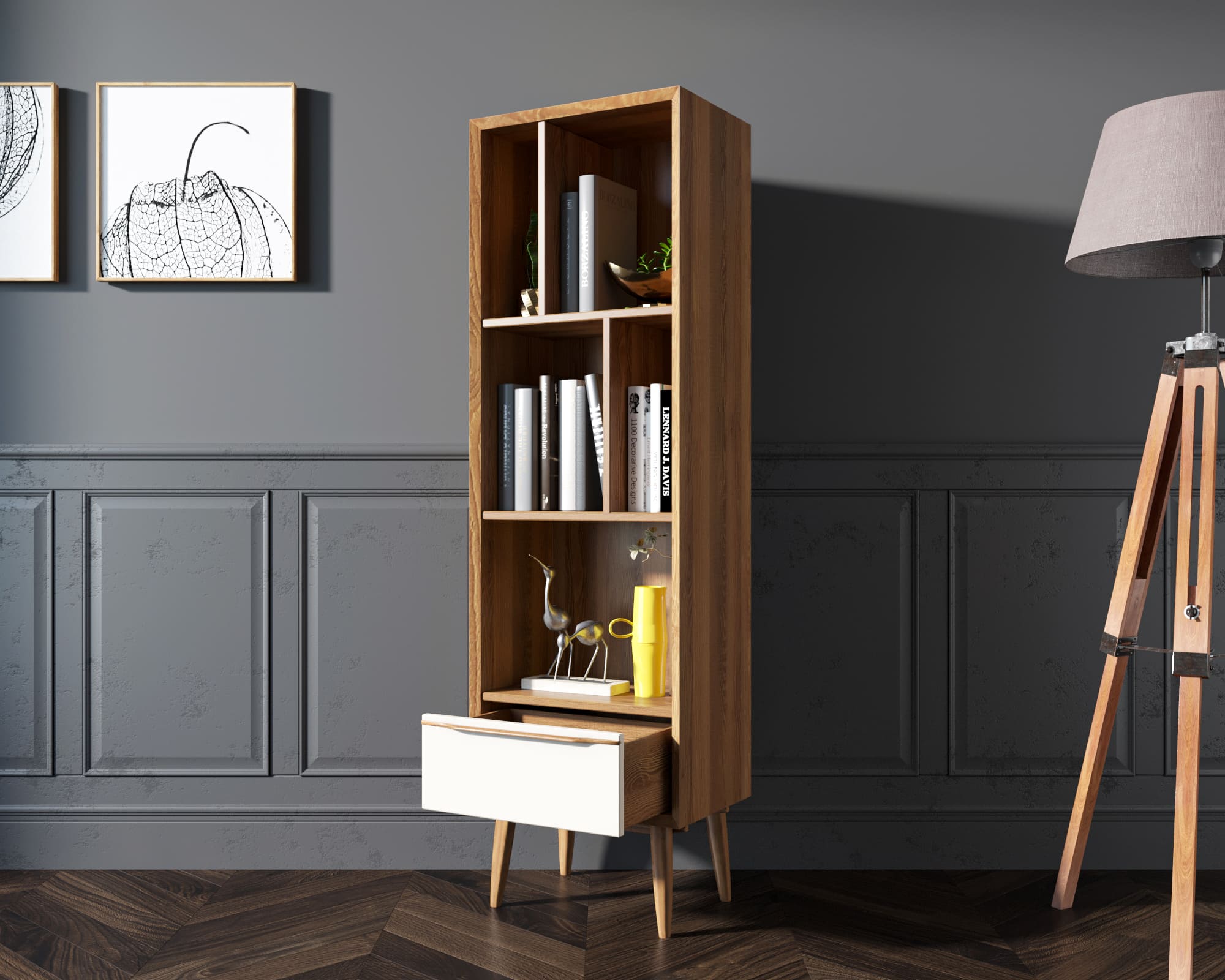 Узкий стеллаж с ящиком "Bruni white"