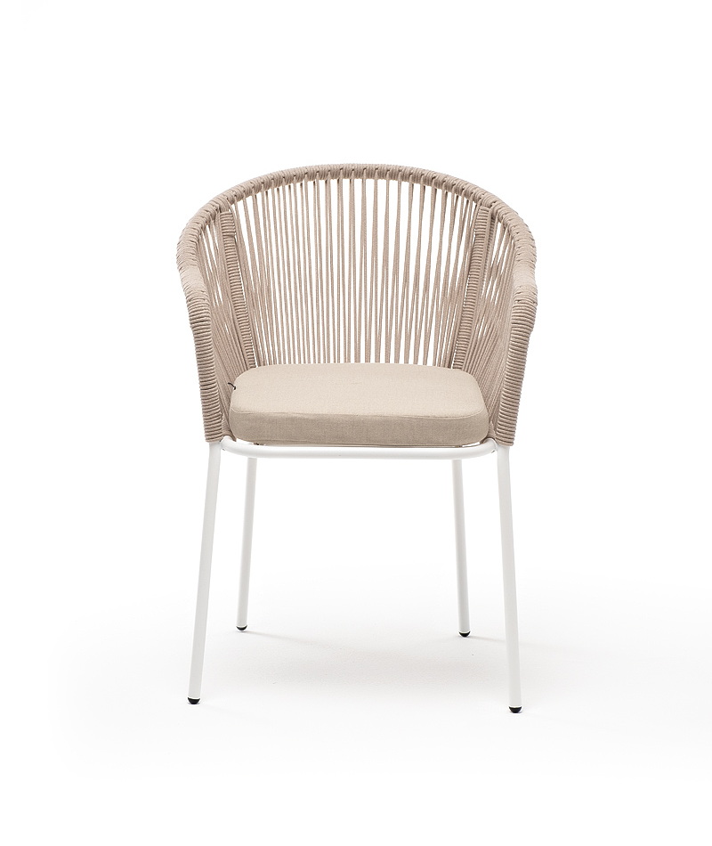 "Леонардо" стул плетеный из роупа, каркас из стали белый муар, роуп бежевый круглый, ткань бежевая