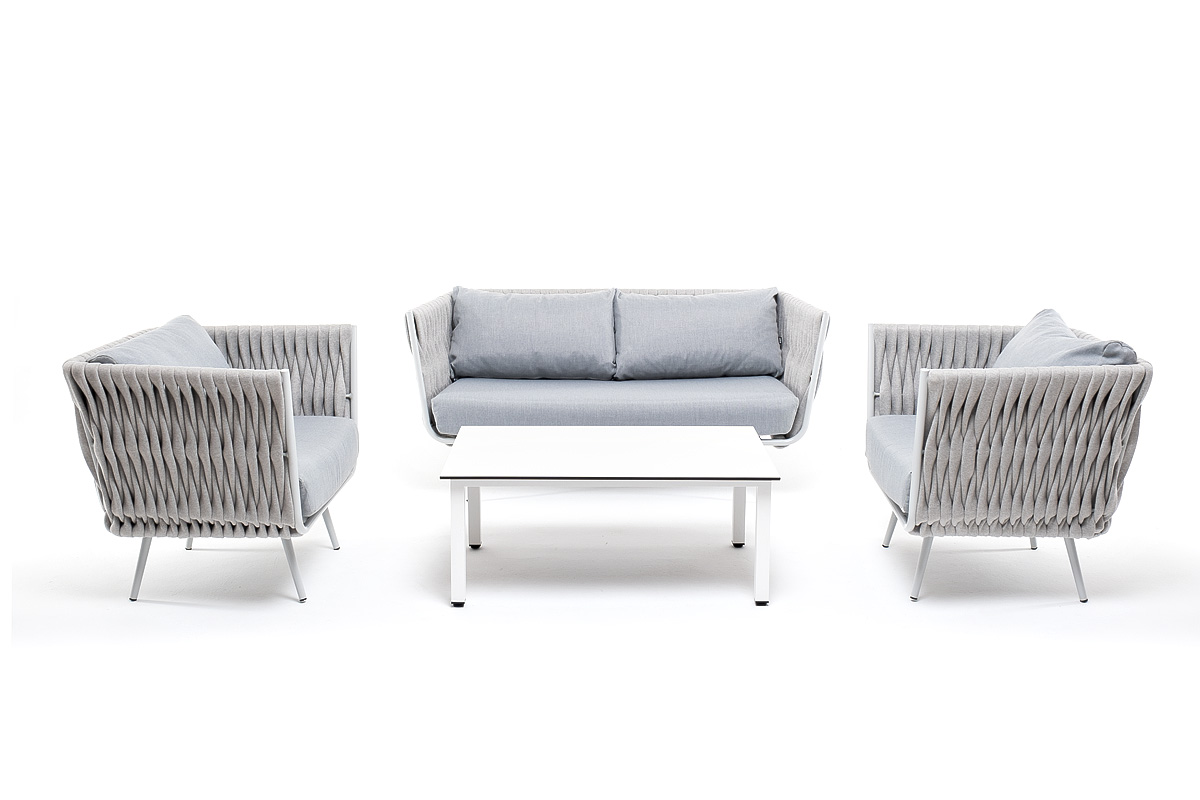 "Монарк" лаунж-зона 4-местная из роупа со столом "Каннизо" молочный, каркас светло-серый, роуп светло-серый