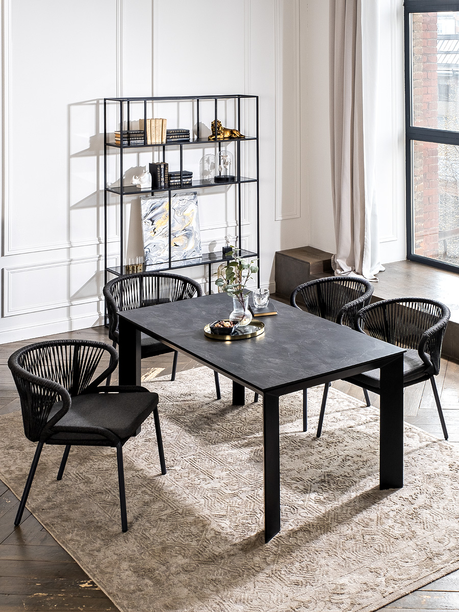 "Венецио" обеденная группа на 4 персоны со стульями "Миленто", каркас темно-серый, роуп темно-серый