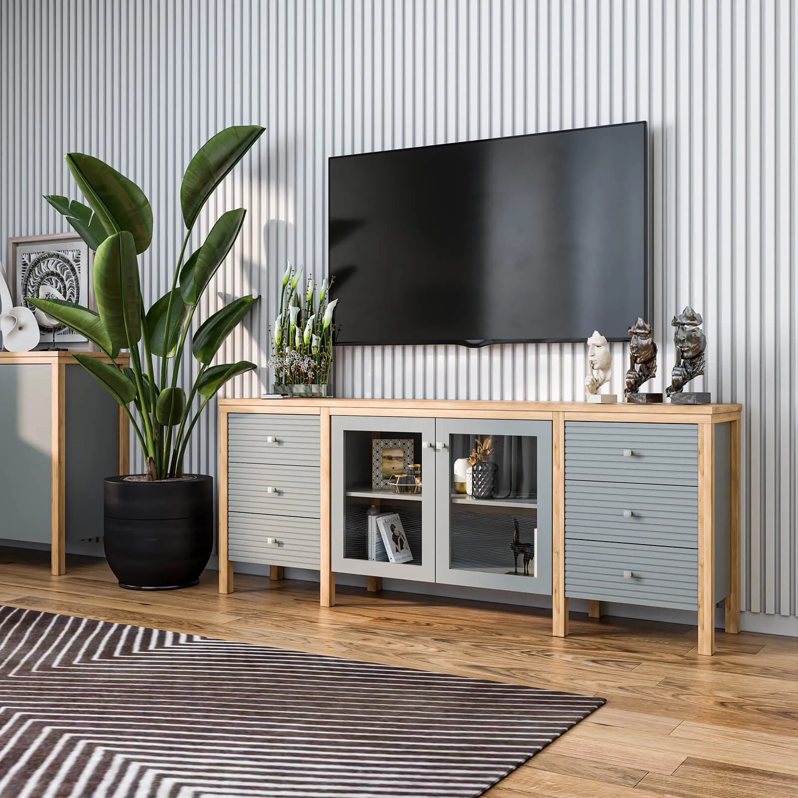 Тумба ТВ с ящиками Вояж-26-РЯ (Серый №7042 + антик №24)