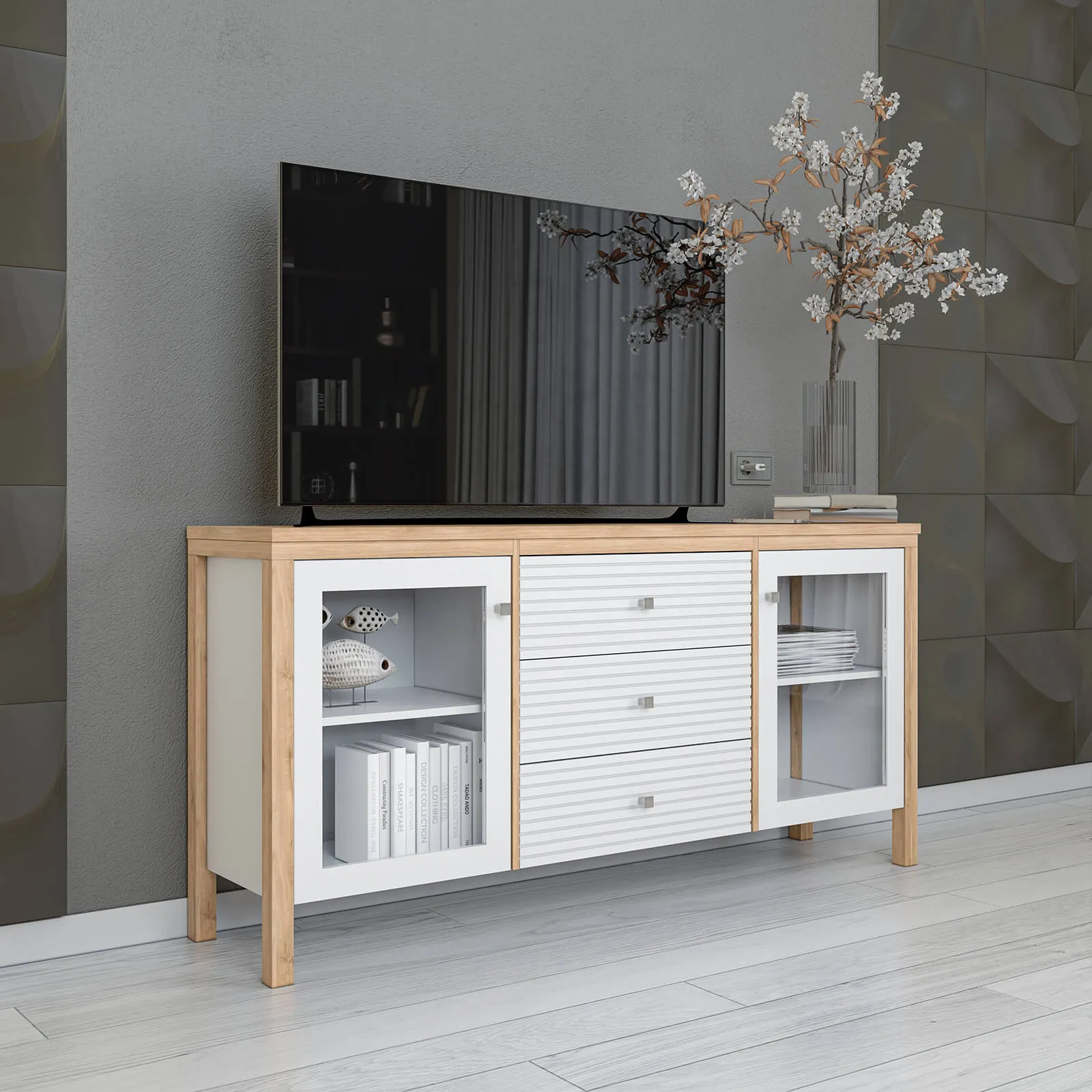 Тумба ТВ с 3 ящиками Вояж-23-РЯ (Белый лак + антик №24)